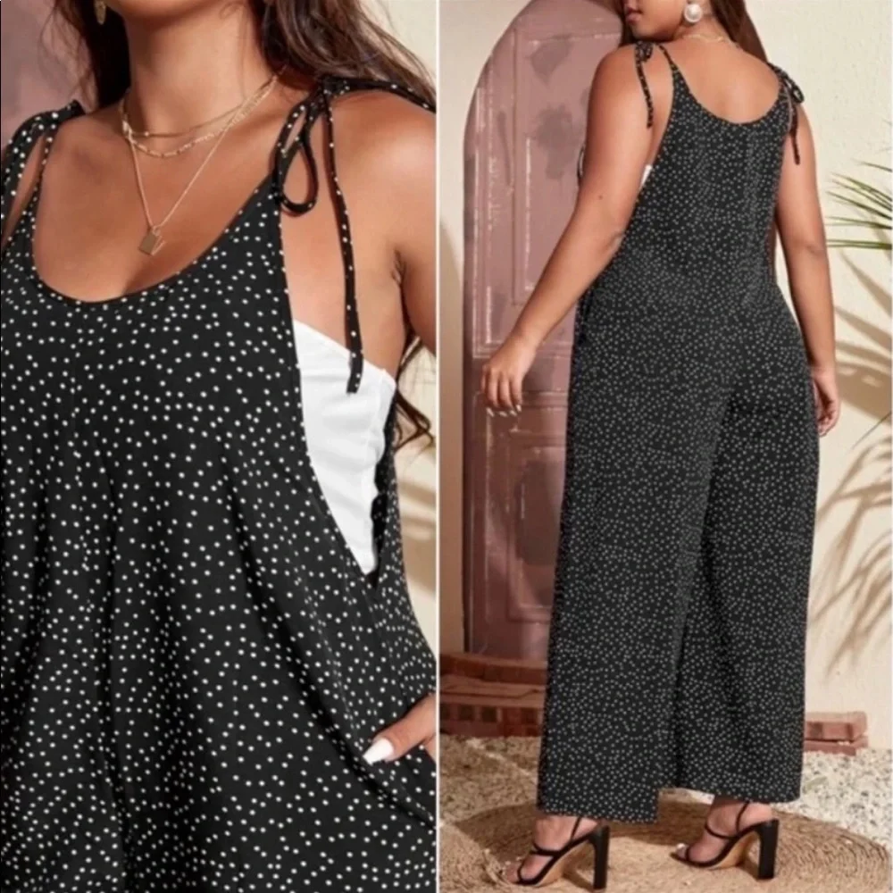 Plus Polka Dot Knot Shoulder Cami Pocket Wide Leg Jumpsuit Dress GREEN - Picture 5 of 6